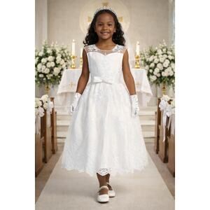 NEW Girls First Holy Communion Dress Size 10 -Corded Emb Tulle Sequin Tea-Length